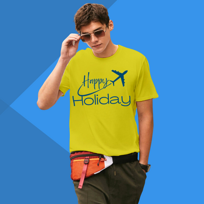 Happy Holiday Printed Men's Yellow T-Shirt - Travel T-Shirt for Men's