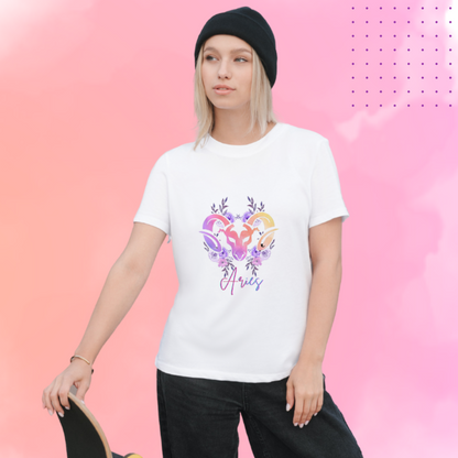 "Embrace Your Aries Spirit with This Women's Zodiac Sign Printed White T-Shirt"