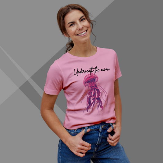 Jelly Fish Printed Women's Pink T-Shirt - Beach T-Shirt