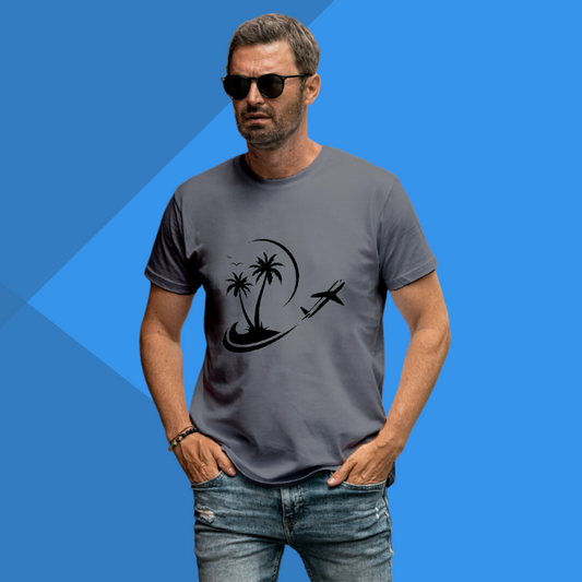 Beach Printed Men's Grey T-Shirt - Travel T-Shirt for Men's