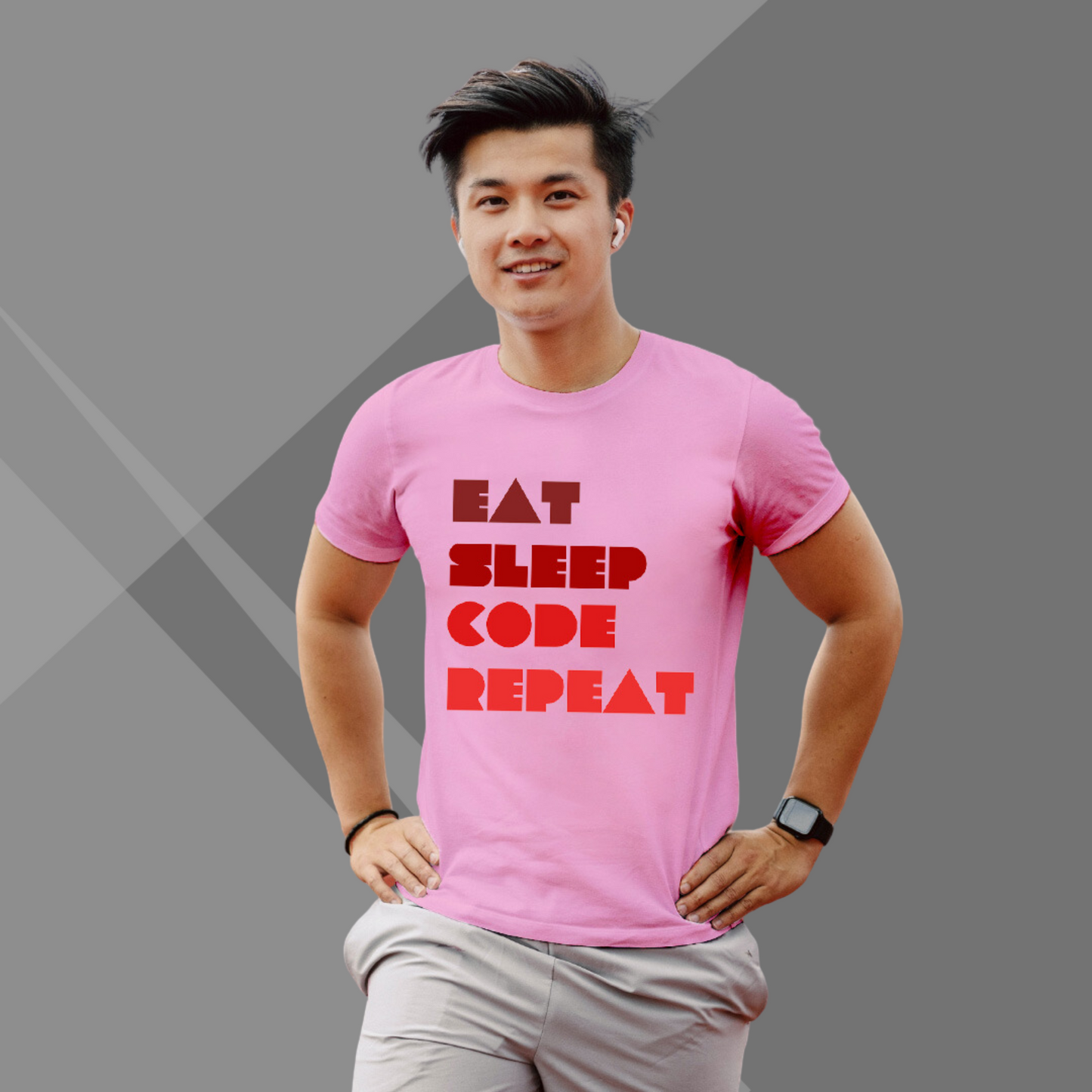 Eat Sleep Code Repeat Printed Men's Pink T-Shirt - Men's Tech T-Shirt