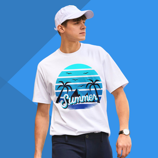 Summer Beach Design Printed Men's White T-Shirt - Men's Beach Wear