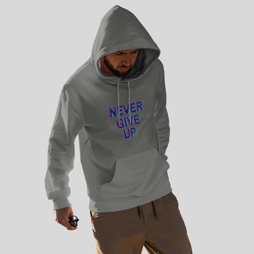 Stay Motivated with the "Never Give Up" Printed Men's Grey Hoodie!