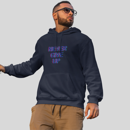 Stay Motivated with the "Never Give Up" Printed Men's Blue Hoodie!