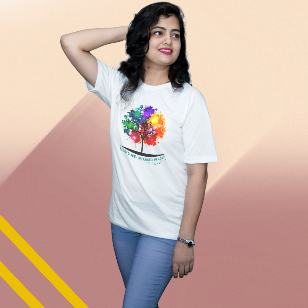 "Spread Love with This Women's 'Rooted & Grounded in Love' Printed White T-Shirt"