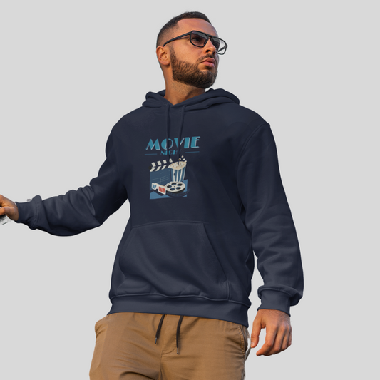 Get Ready for a Cozy Night with Men's "Movie Night" Printed Blue Hoodie!