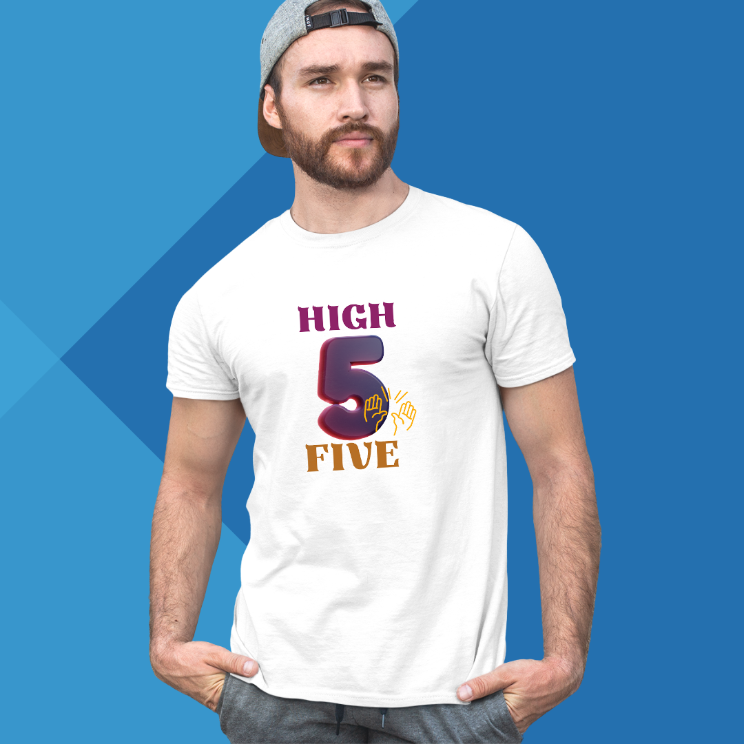 Number 5 white printed t-shirt for men half sleeves