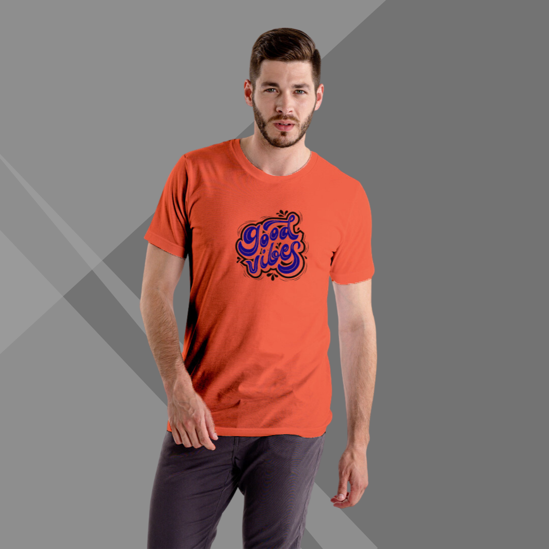 "Spread Positivity with this Men's 'Good Vibes' Printed Orange T-Shirt"