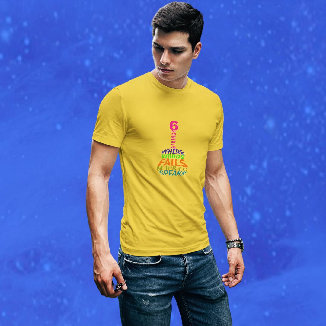 Rock Out in Style with the Men's "Guitar" Printed Yellow T-shirt!