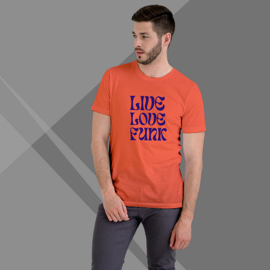 "Groove to the Beat with this Men's 'Live Love Funk' Printed Orange T-Shirt"