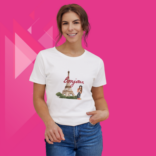 "Say Bonjour to Paris with Our Eiffel Tower Printed Women's White T-Shirt