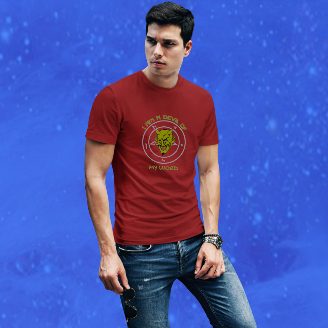 Show your Evil side With our Men's "I'm Devil Of My Words" Printed Maroon T-shirt