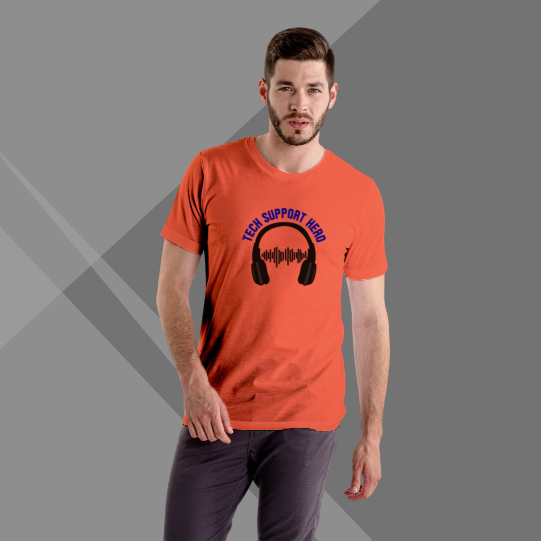 "Celebrate Your Tech Expertise with the Men's 'Tech Support Hero' Printed Orange T-Shirt"