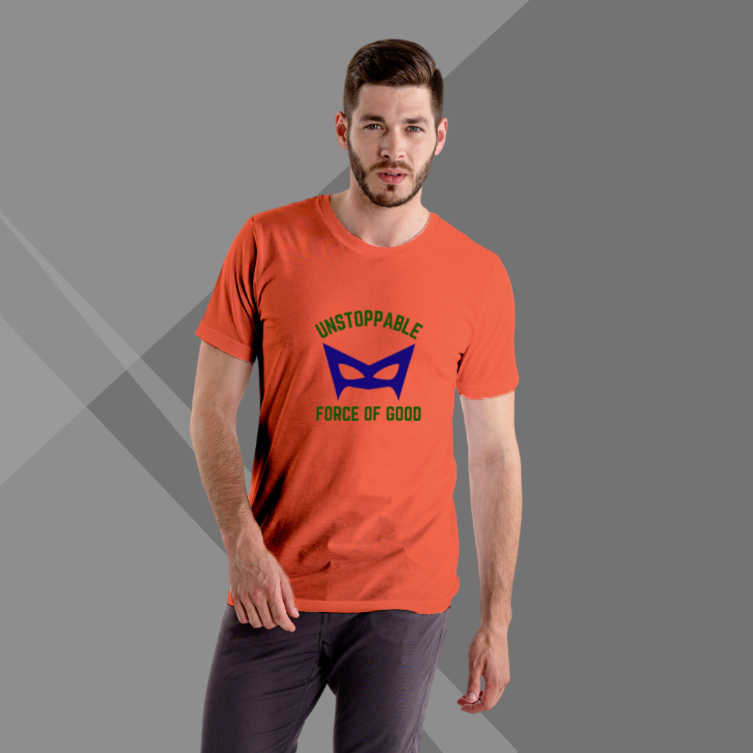 "Embrace Your Role as an Unstoppable Force of Good with the Men's 'Unstoppable Force of Good' Printed Orange T-Shirt"