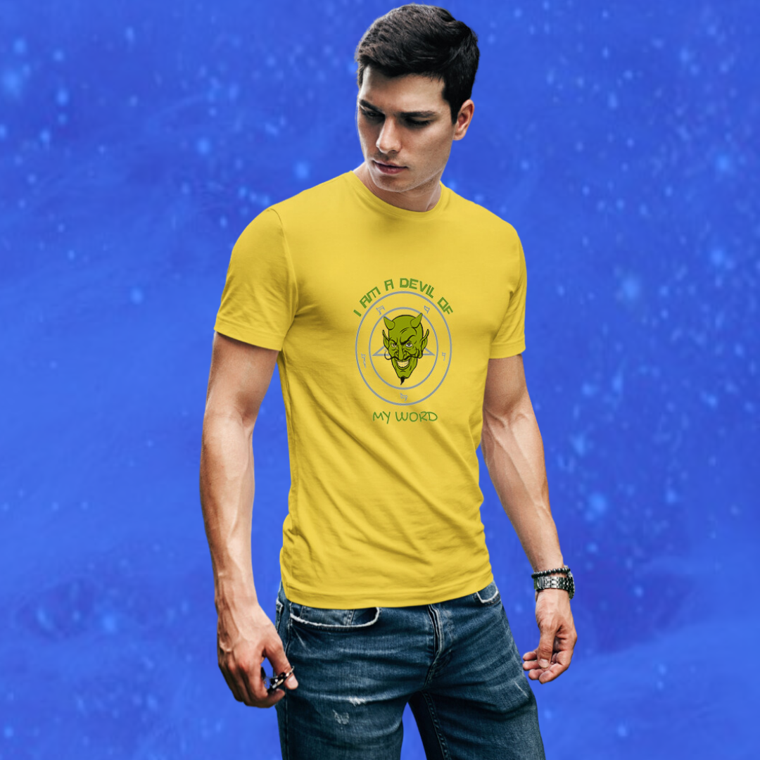 Show your Evil side With our Men's "I'm Devil Of My Words" Printed Yellow T-shirt