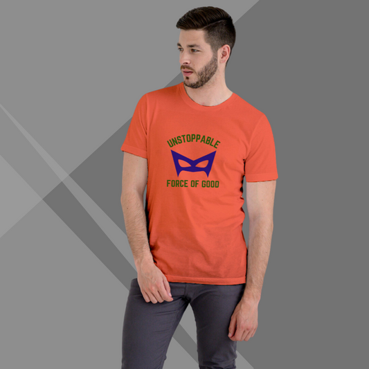 "Embrace Your Role as an Unstoppable Force of Good with the Men's 'Unstoppable Force of Good' Printed Orange T-Shirt"