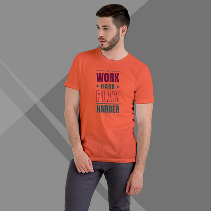 "Balance Life with the Men's 'Work Hard Play Harder' Printed Orange T-Shirt""Balance Life with the Men's 'Work Hard Play Harder' Printed Orange T-Shirt"