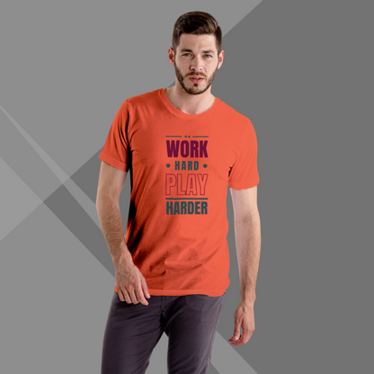 "Balance Life with the Men's 'Work Hard Play Harder' Printed Orange T-Shirt""Balance Life with the Men's 'Work Hard Play Harder' Printed Orange T-Shirt"