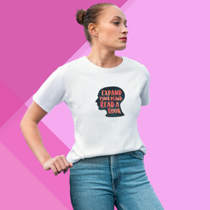 "Encourage Your Mind to Grow with This Women's 'Expand Your Mind Read A Book' Printed White T-Shirt"