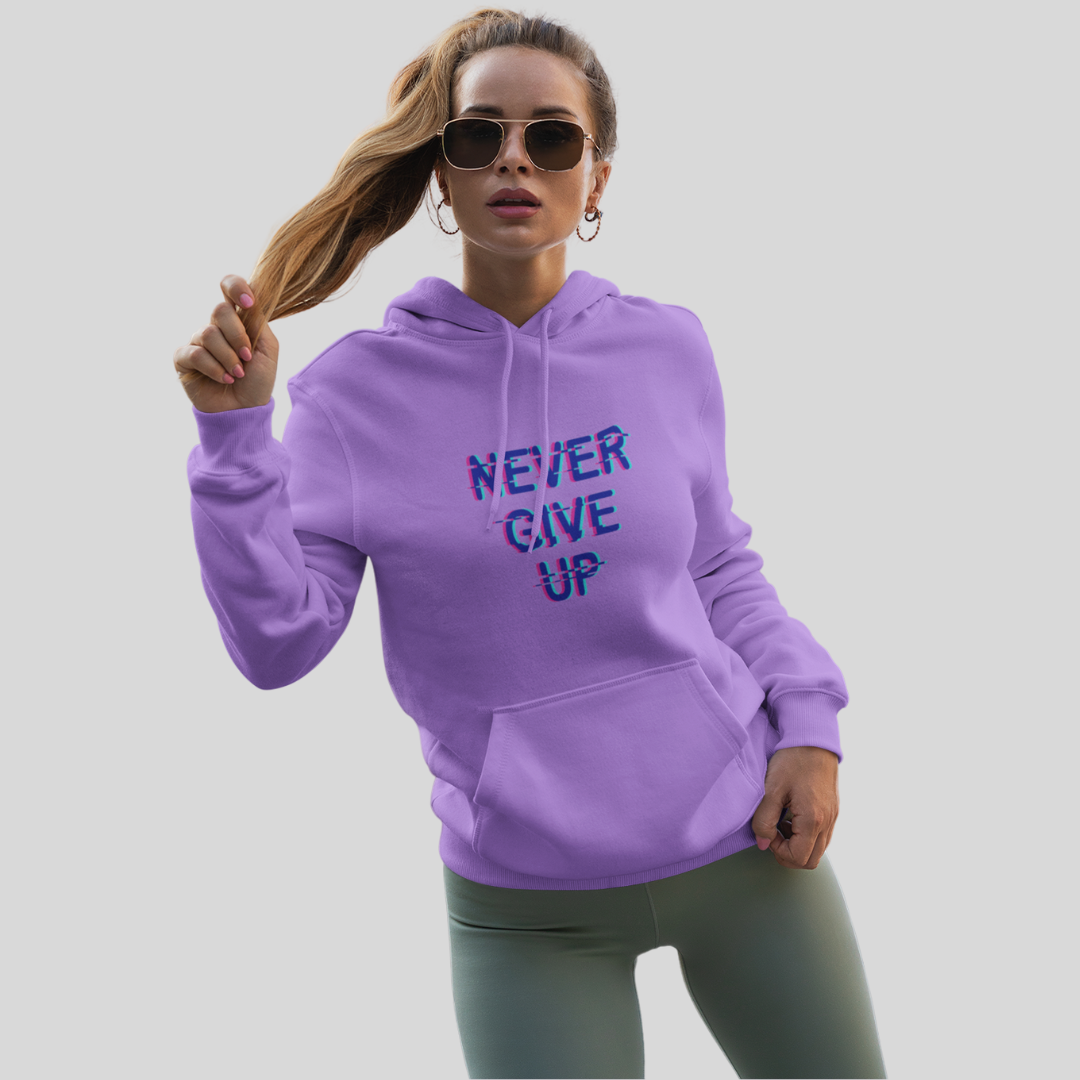 Stay Motivated with the "Never Give Up" Printed Lavender Hoodie for Women