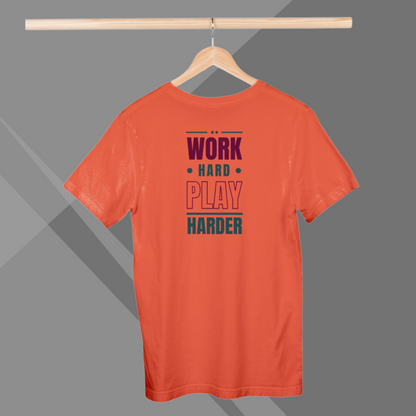 "Balance Life with the Men's 'Work Hard Play Harder' Printed Orange T-Shirt""Balance Life with the Men's 'Work Hard Play Harder' Printed Orange T-Shirt"