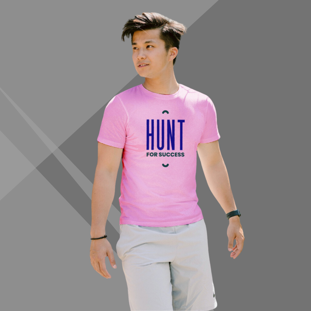 "Embark on the 'Hunt for Success' with the Men's Printed Pink T-Shirt"