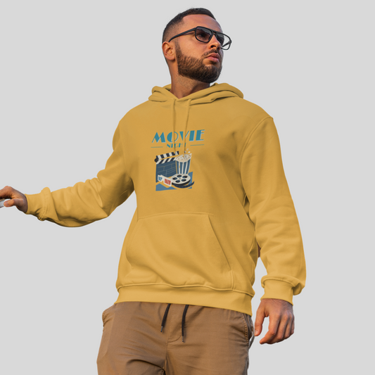 Get Ready for a Cozy Night with Men's "Movie Night" Printed Yellow Hoodie!