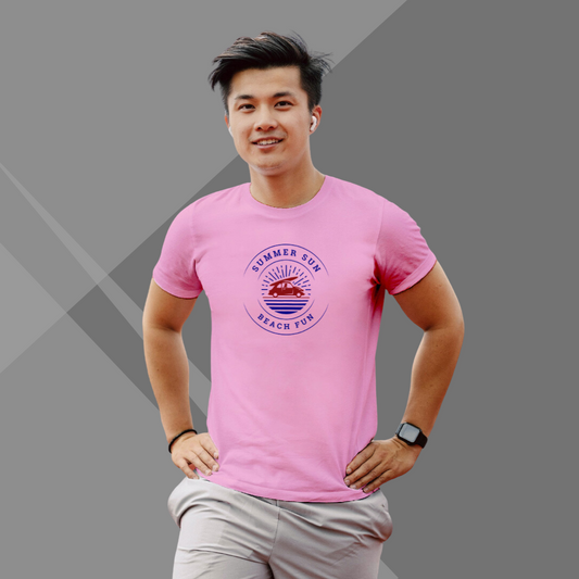 "Embrace Summer Vibes with the Men's 'Summer Day Beach Fun & Car' Printed Pink T-Shirt"