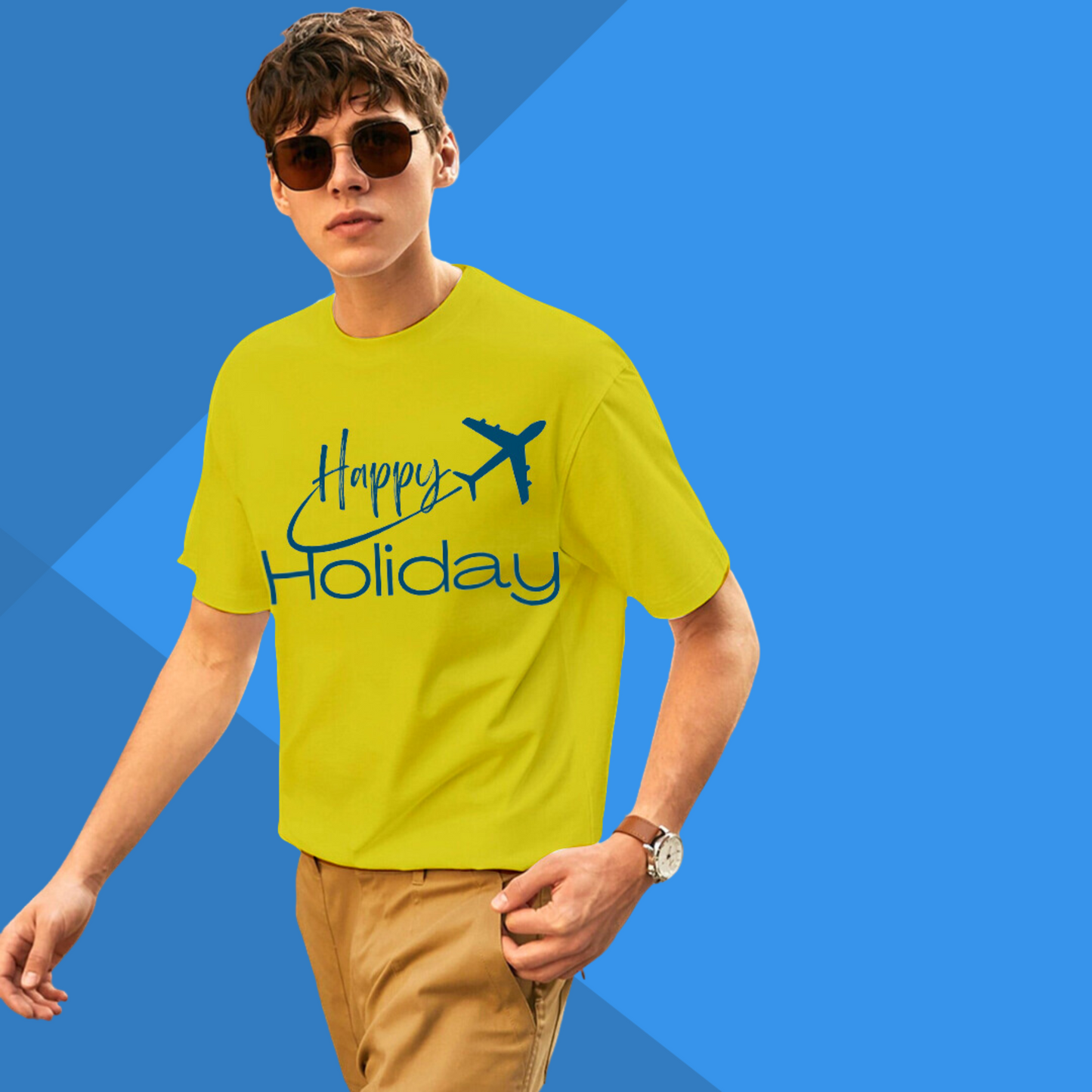 Happy Holiday Printed Men's Yellow T-Shirt - Travel T-Shirt for Men's