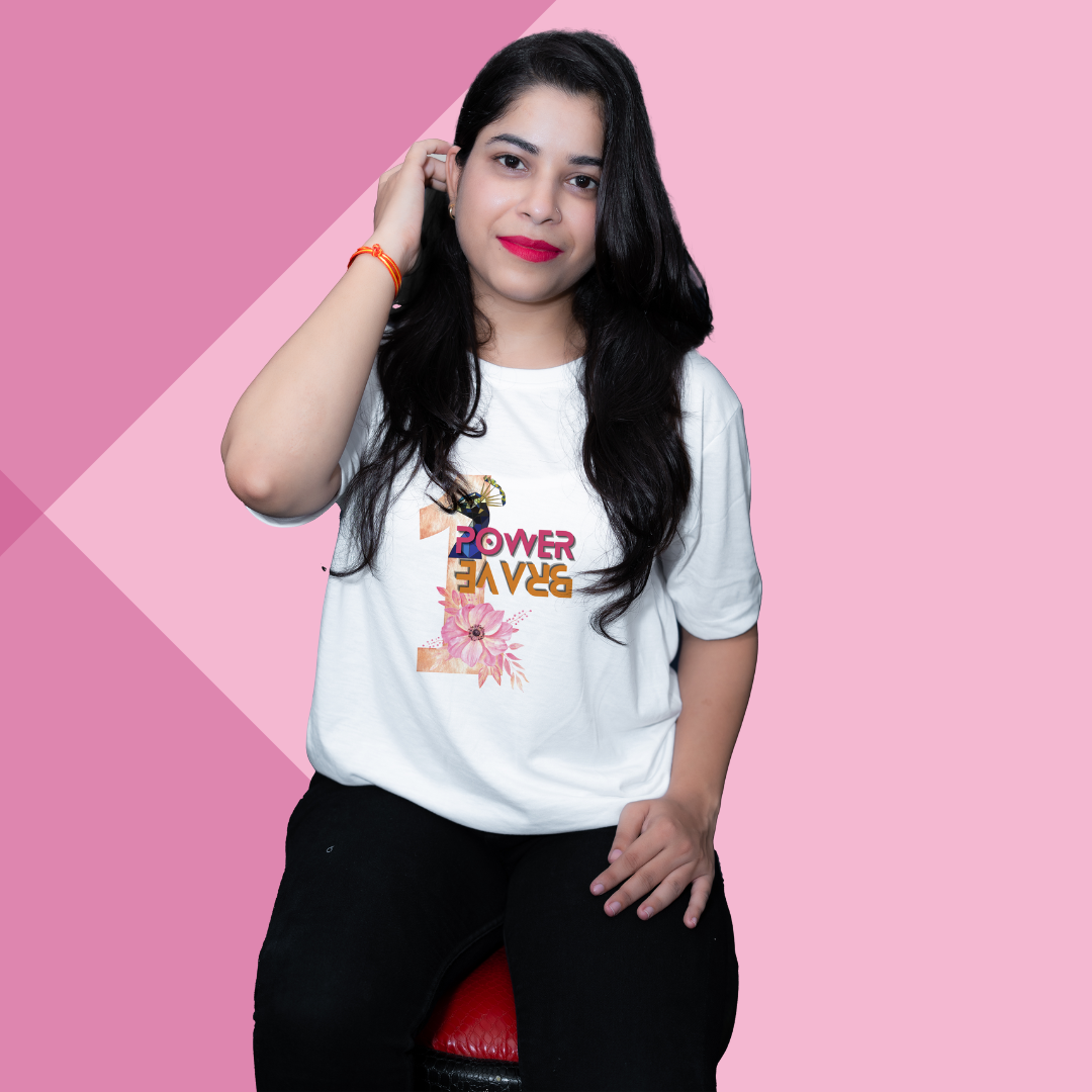 "Own Your Power with Our 'Numeral 1 Power Brave' Printed Women's White T-Shirt"