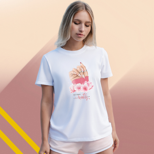 "Love Your Nail with This Women's 'But First Naily' Printed White T-Shirt"