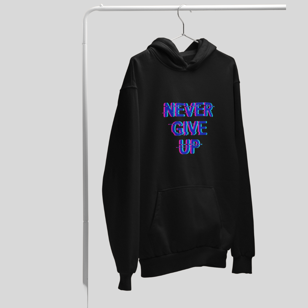 Stay Motivated with the "Never Give Up" Printed Black Hoodie for Women