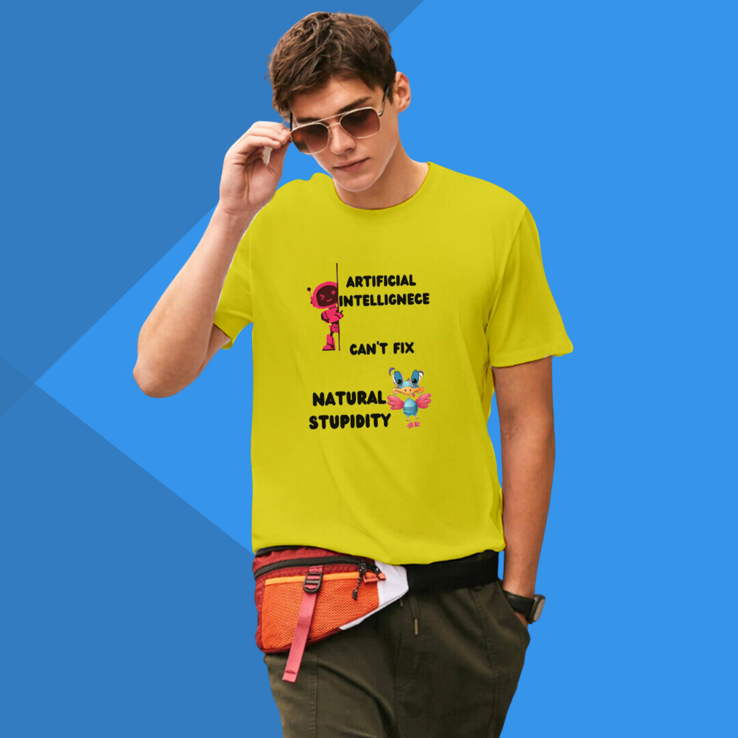 Artificial Intelligence can't fix Natural Stupidity Printed Men's Yellow T-Shirt