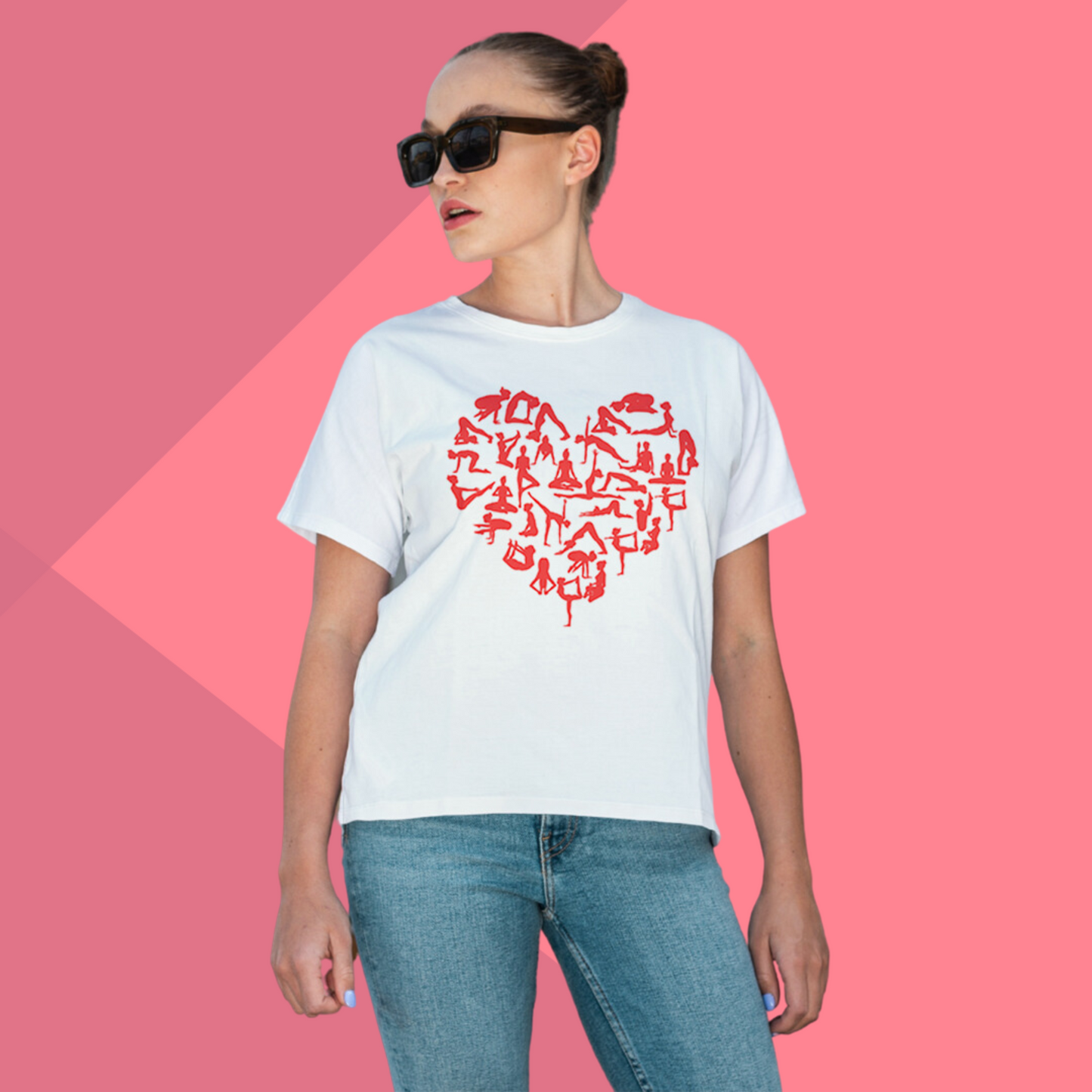 Yoga Poses in Heart Printed Women's White T-Shirt