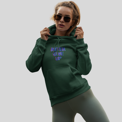 Stay Motivated with the "Never Give Up" Printed Green Hoodie for Women