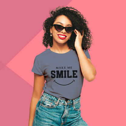 "Spreading Joy: 'Make Me Smile' Printed Grey T-Shirt for Women"