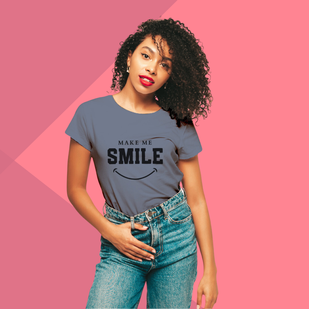 "Spreading Joy: 'Make Me Smile' Printed Grey T-Shirt for Women"