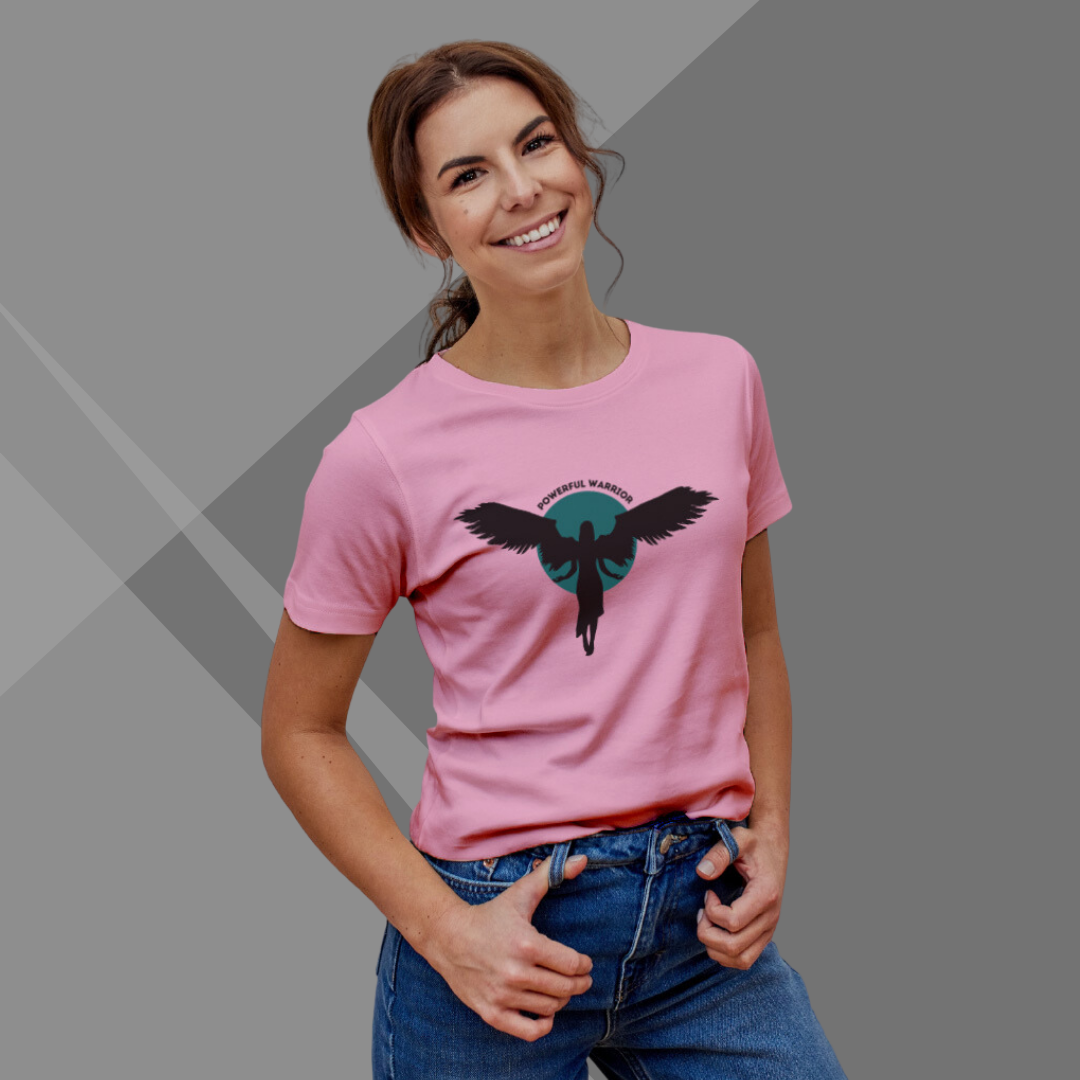 "Embrace Your Inner Warrior: 'Powerful Warrior' Printed Pink T-Shirt for Women"