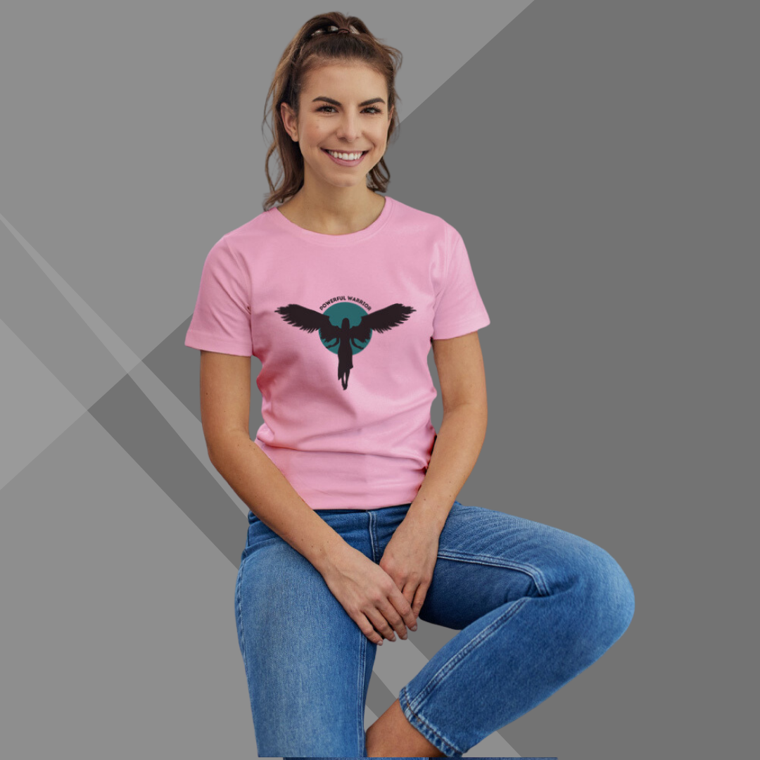 "Embrace Your Inner Warrior: 'Powerful Warrior' Printed Pink T-Shirt for Women"