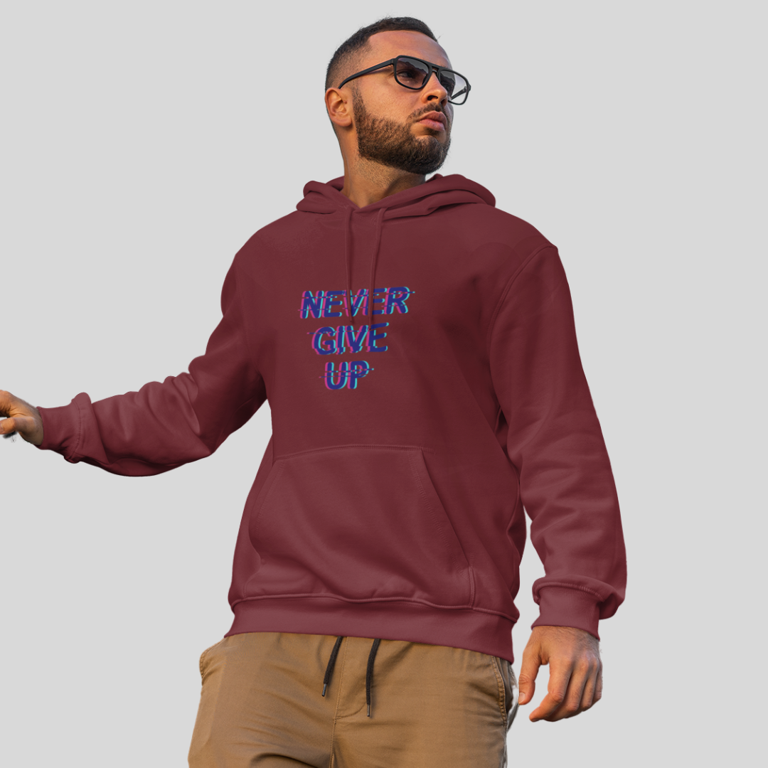 Stay Motivated with the "Never Give Up" Printed Men's Maroon Hoodie!