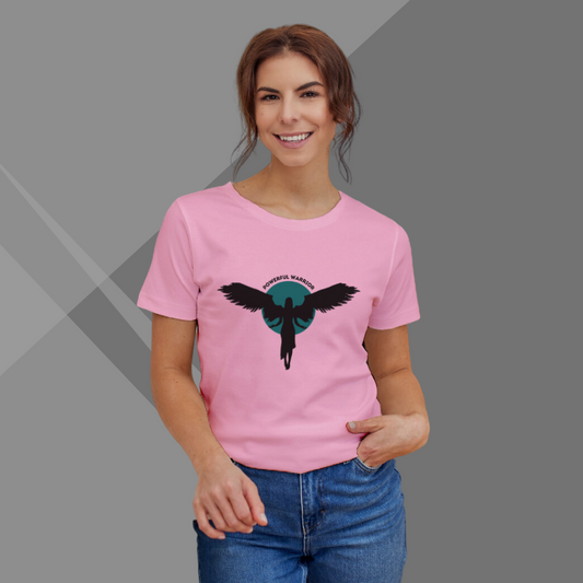 "Embrace Your Inner Warrior: 'Powerful Warrior' Printed Pink T-Shirt for Women"