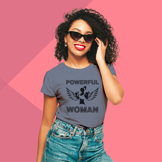 "Empowerment in Style: 'Powerful Woman' Printed Grey T-Shirt"