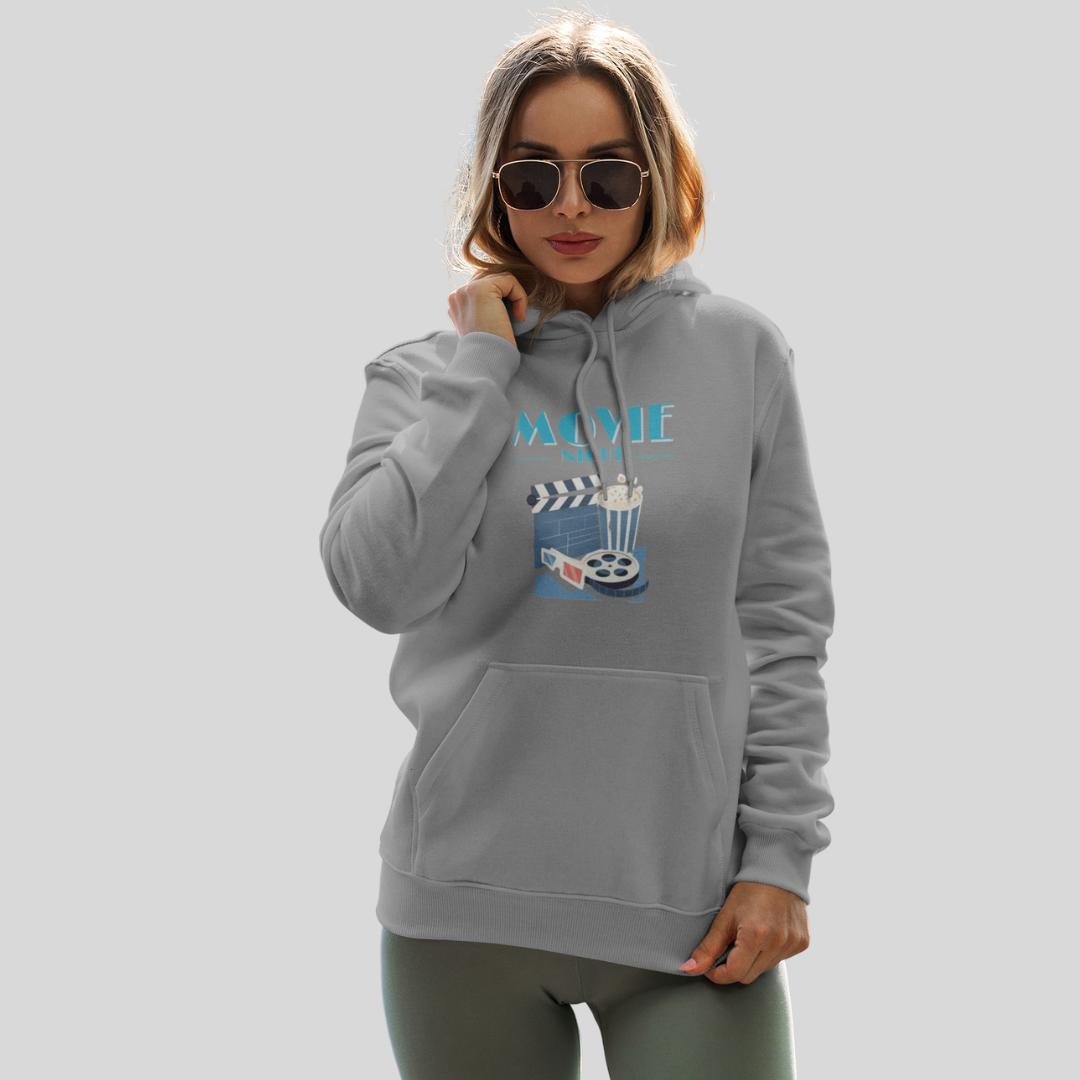 Cozy up with the Women's "Movie Night" Printed Grey Hoodie