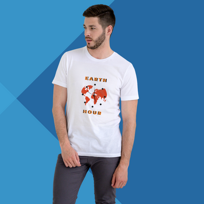 "Join the Movement for a Sustainable Future with Our Men's 'Earth Hours' Printed White T-Shirt"