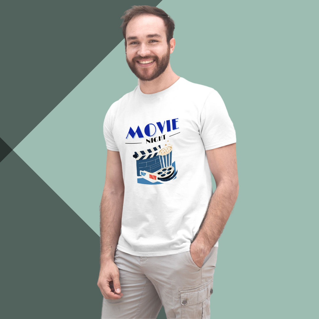 Get Ready for Movie Night with Our "Movie Night" Printed Men's White T-Shirt!