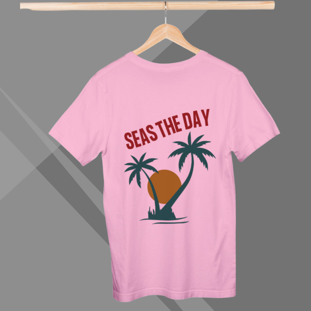 "Embrace the Coastal Spirit: 'Seas The Day' Printed Pink T-Shirt for Women"