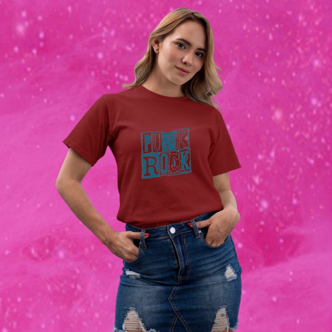 "Rock Your Style with Our Women's 'Punk Rock' Printed Maroon T-shirt!"