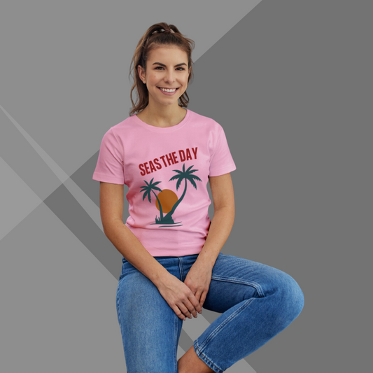 "Embrace the Coastal Spirit: 'Seas The Day' Printed Pink T-Shirt for Women"