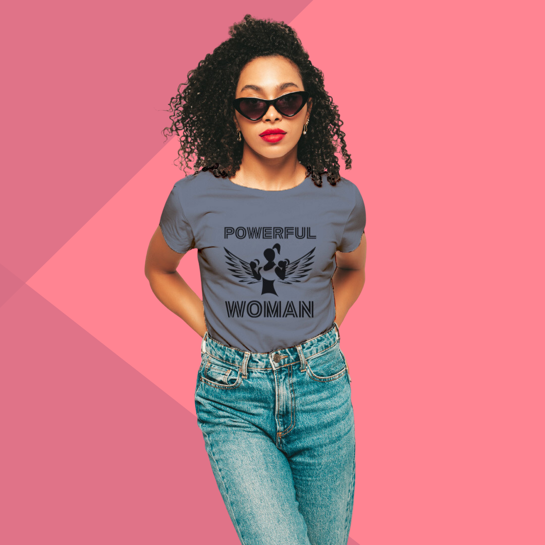 "Empowerment in Style: 'Powerful Woman' Printed Grey T-Shirt"