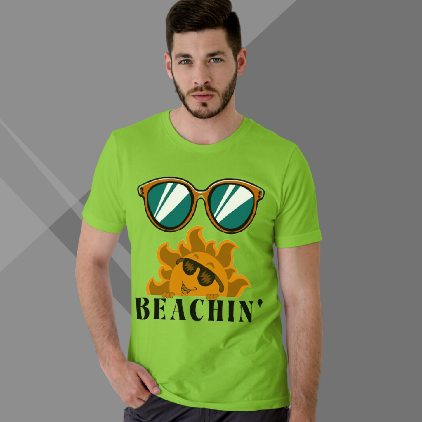 Beachin Sun & Glasses Printed Men's Green T-Shirt - Men's Sunny T-Shirt